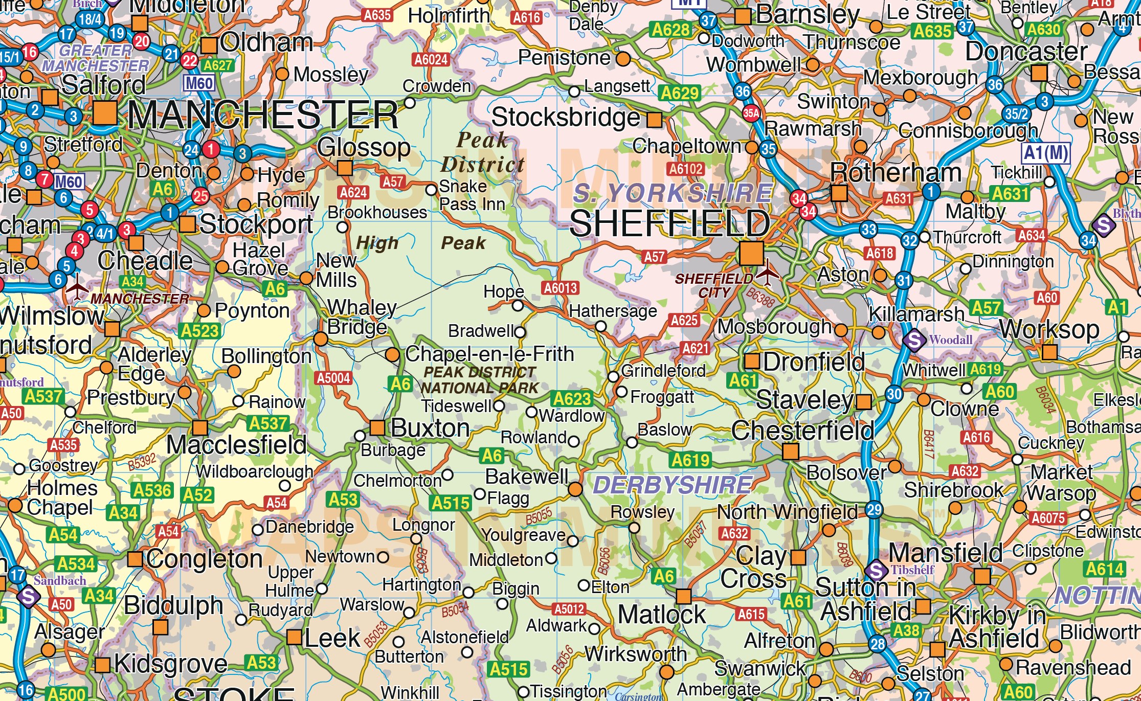 Central England County Map with Road and Rail @750,000 scale in