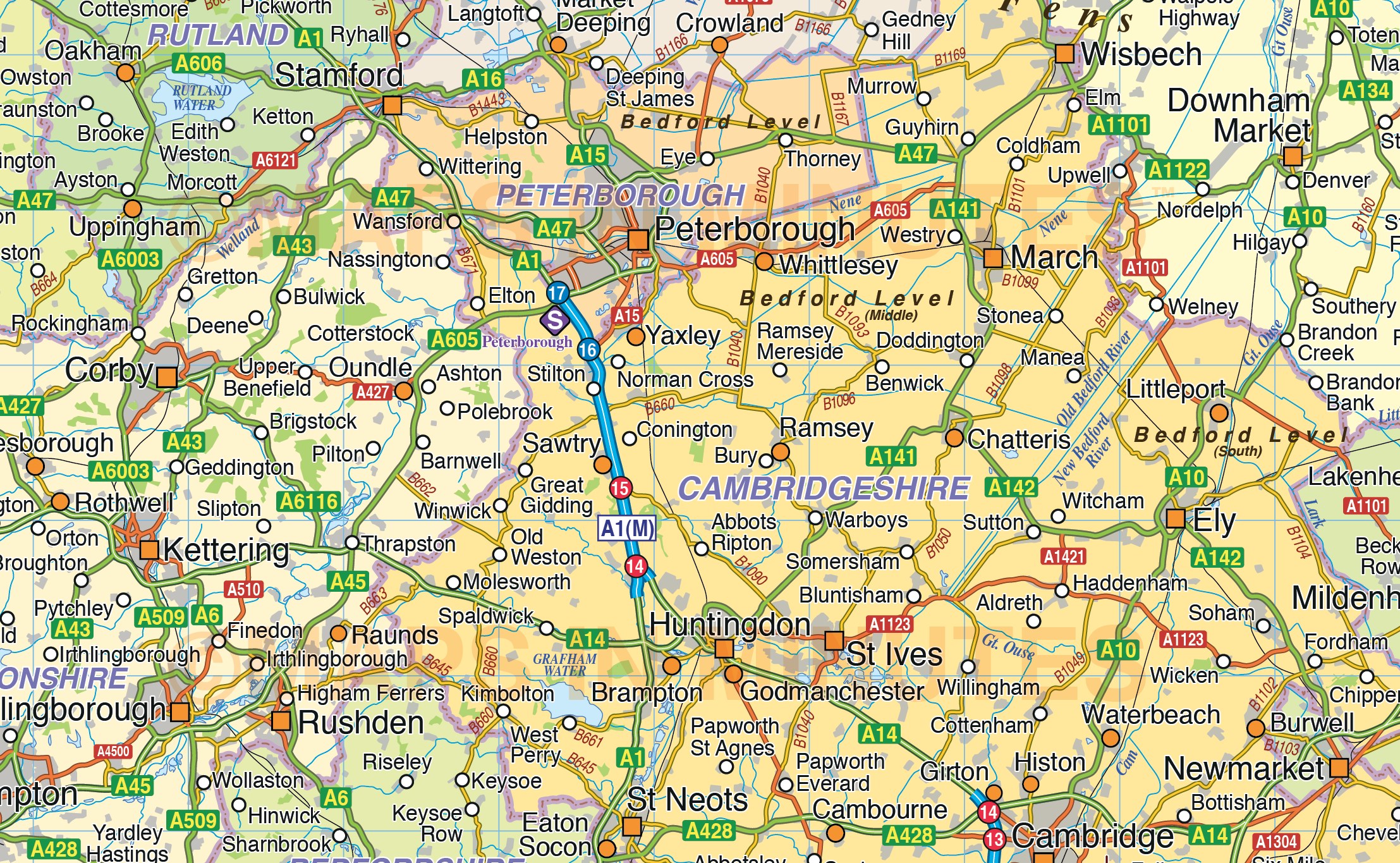 central-england-county-road-rail-map-750-000-scale-detail