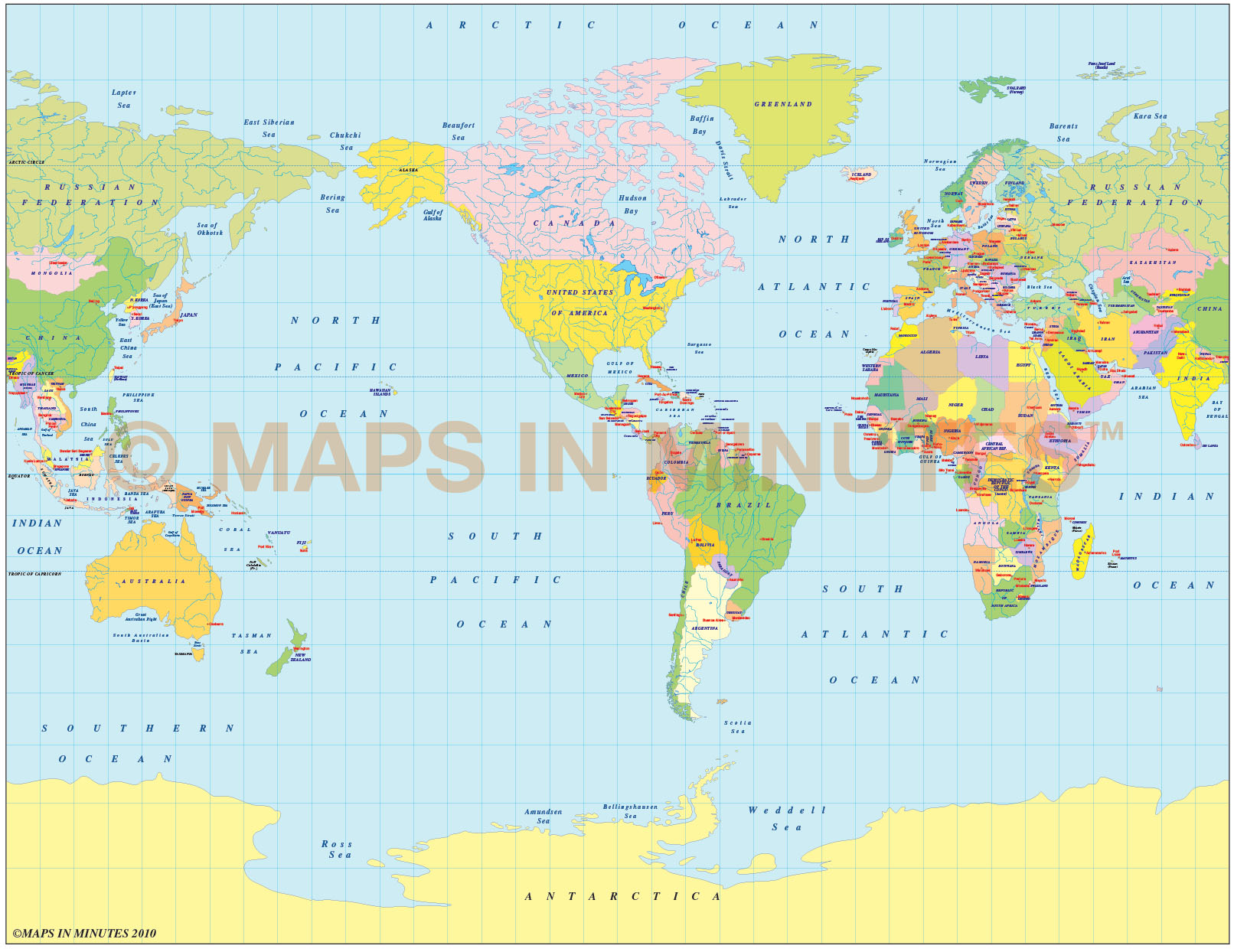 Digital vector map, royalty free Gall Projection Political World map US ...