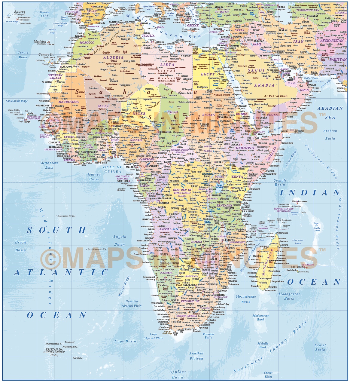 Digital vector map of Africa region, political with Ocean contours, in ...