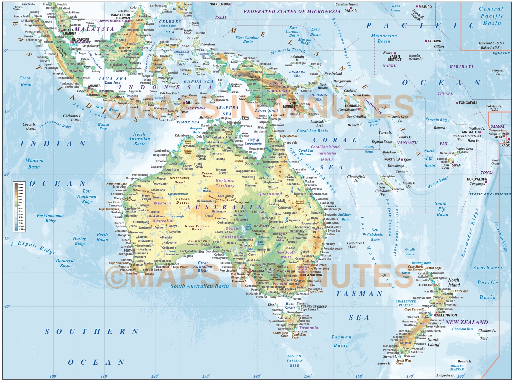 Vector map of Australasia region, political with land and Ocean floor ...