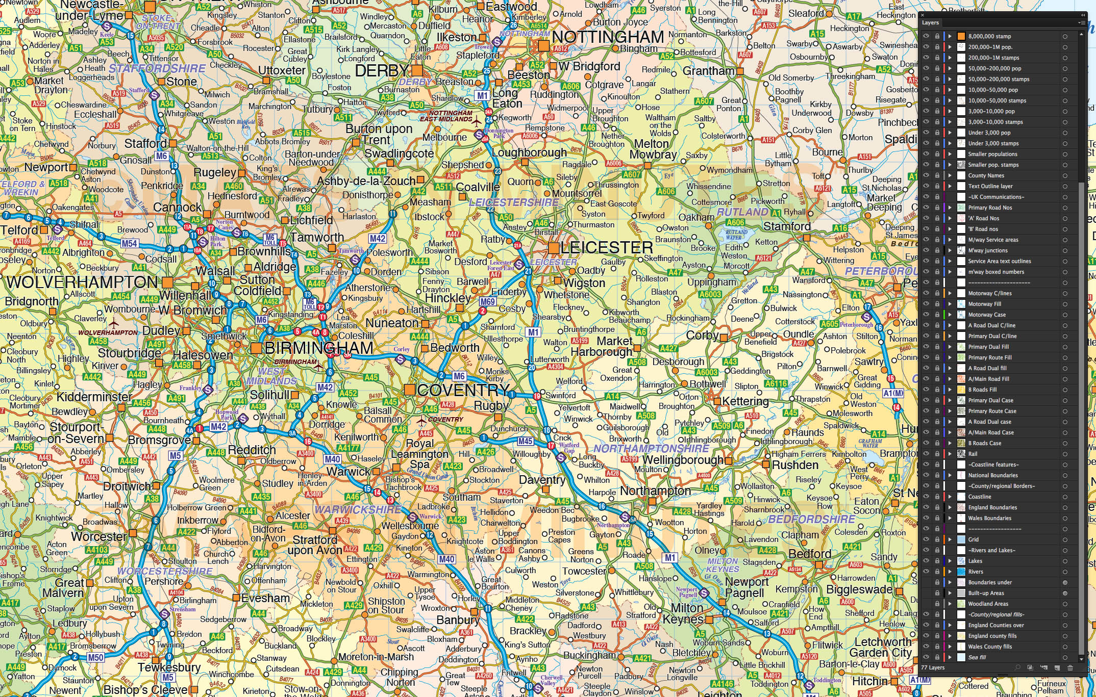 Central England County Map with Road and Rail @750,000 scale in ...