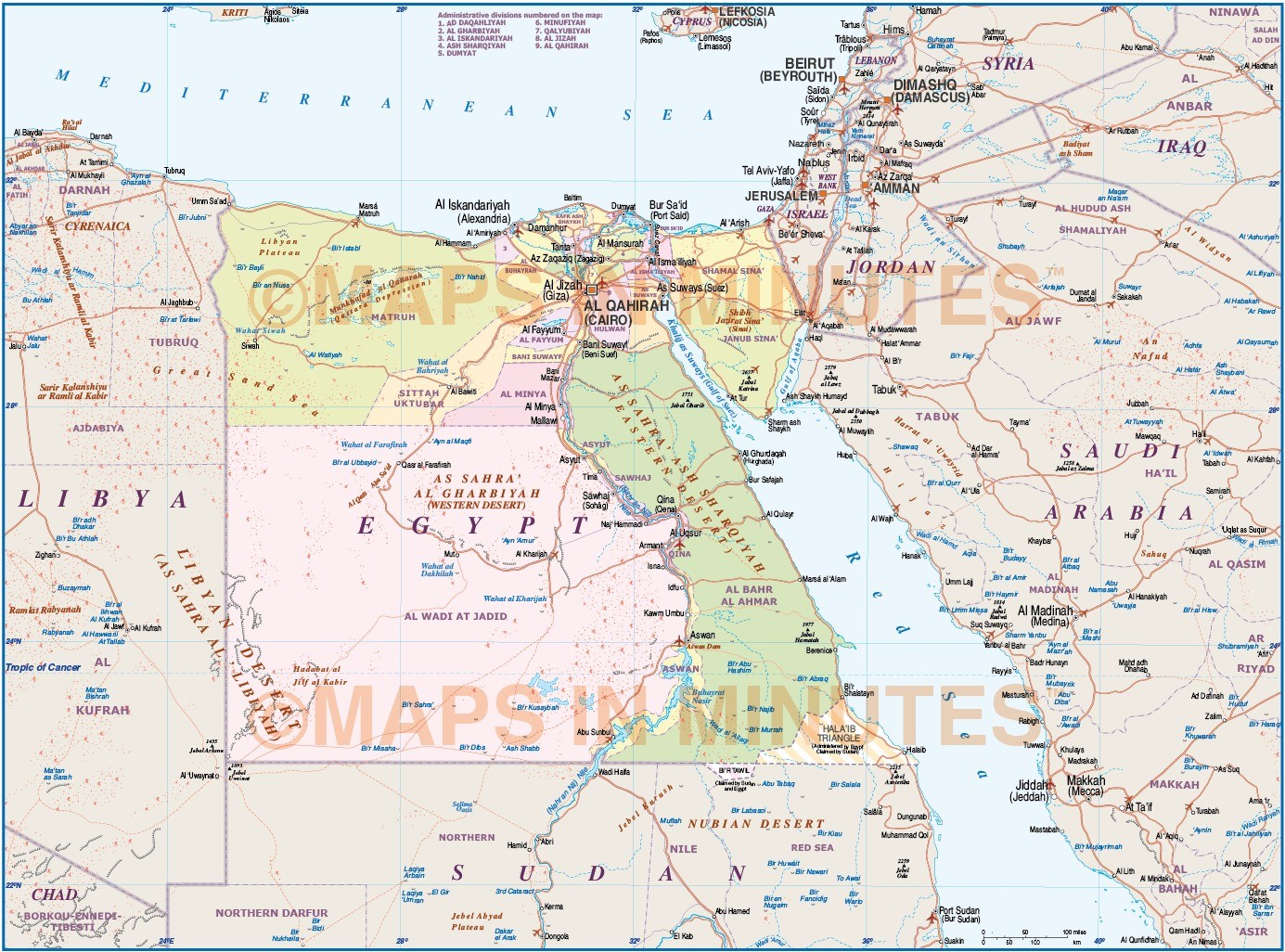 Egypt Deluxe Map 1st level Political with Roads and Rail - Middle East ...