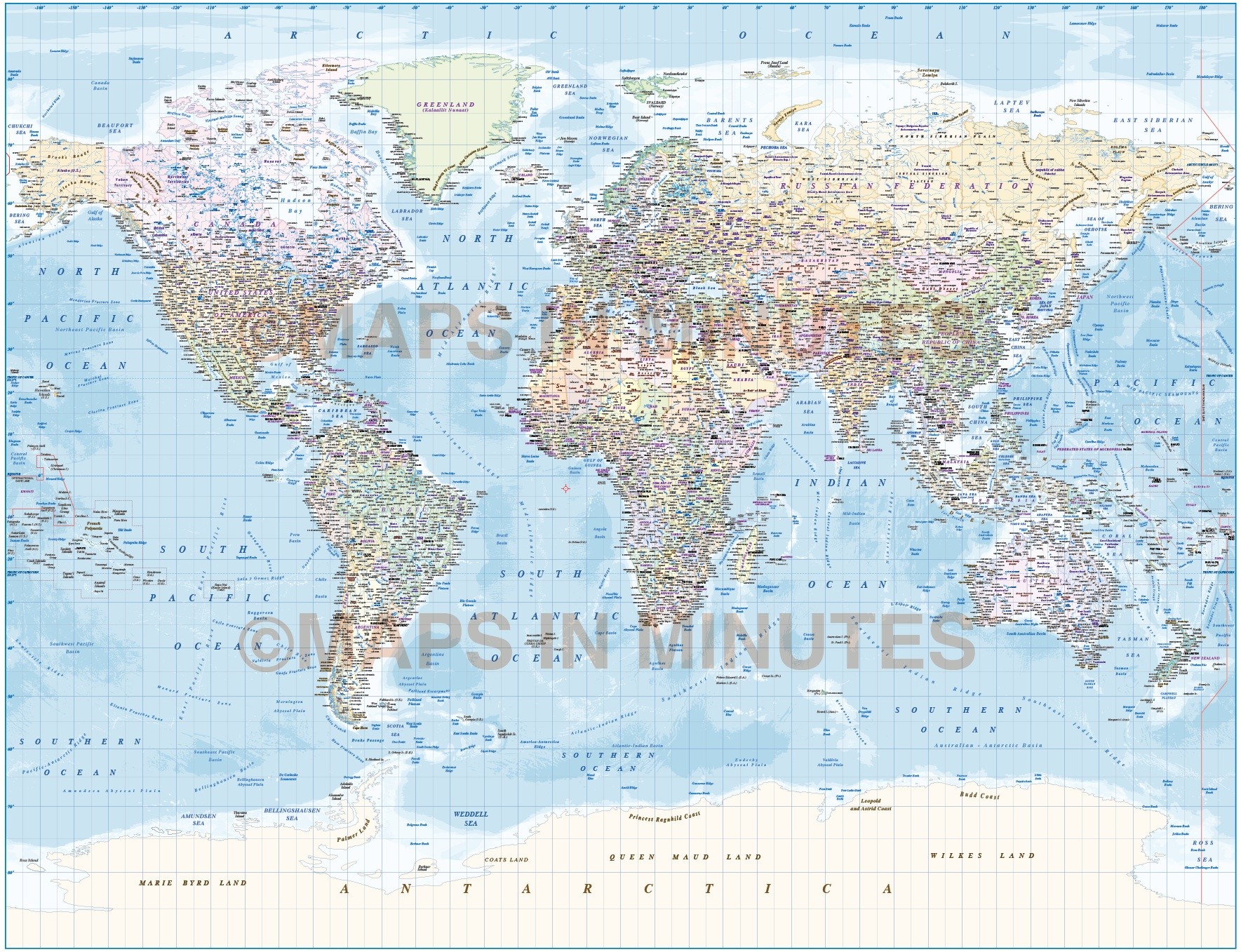 Digital vector World map with ocean floor contours and country insets ...