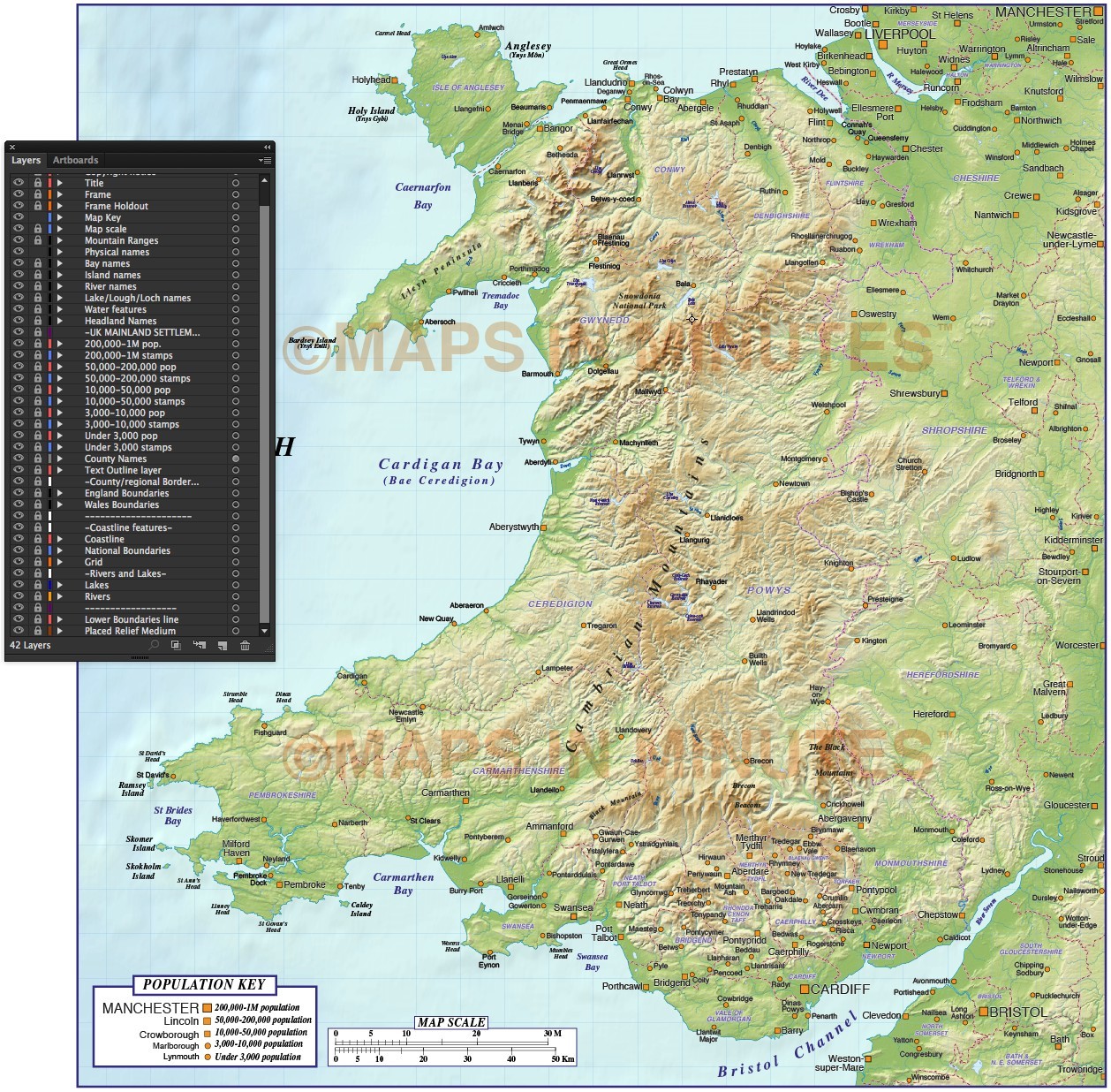 Digital vector Wales county road rail plus medium relief map at 1m ...