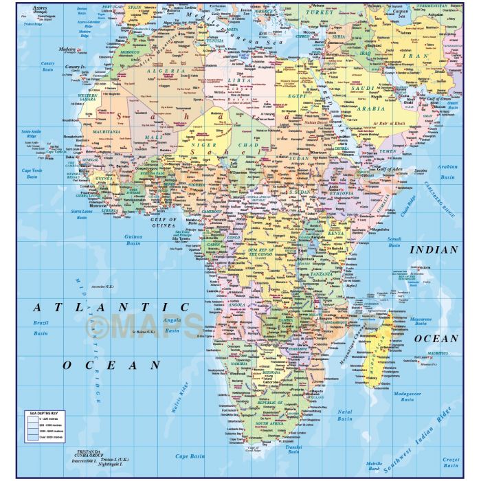 Digital vector map of Africa region, political with Ocean contours, in ...