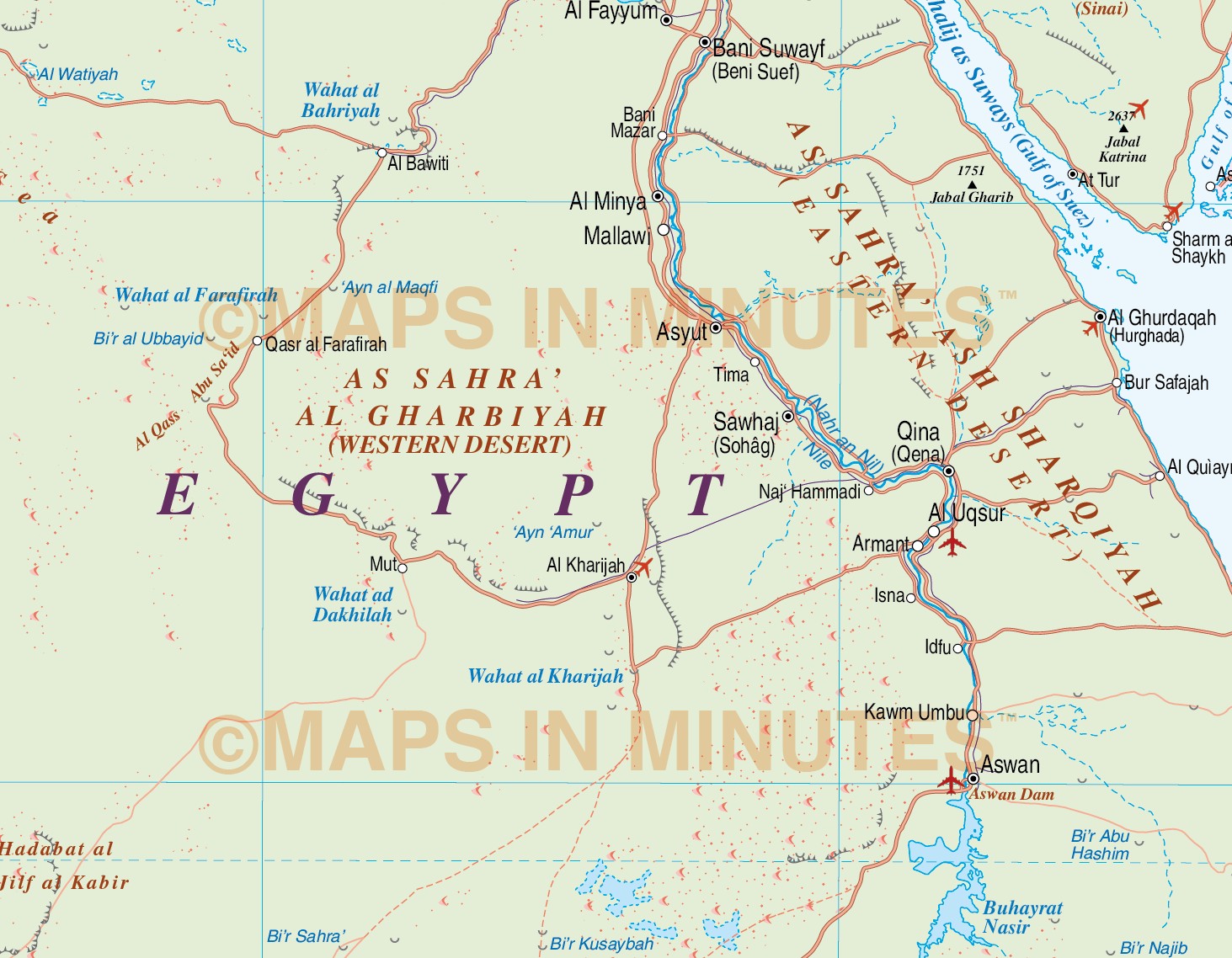Egypt Country Map plus Road and Rail