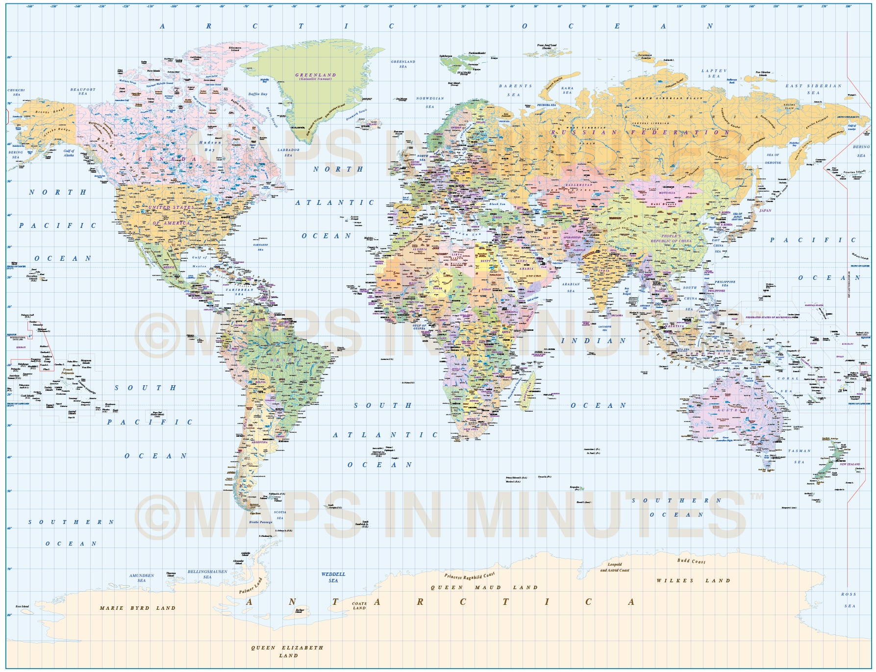 Digital vector World map, Political Gall Projection Poster size (UK ...