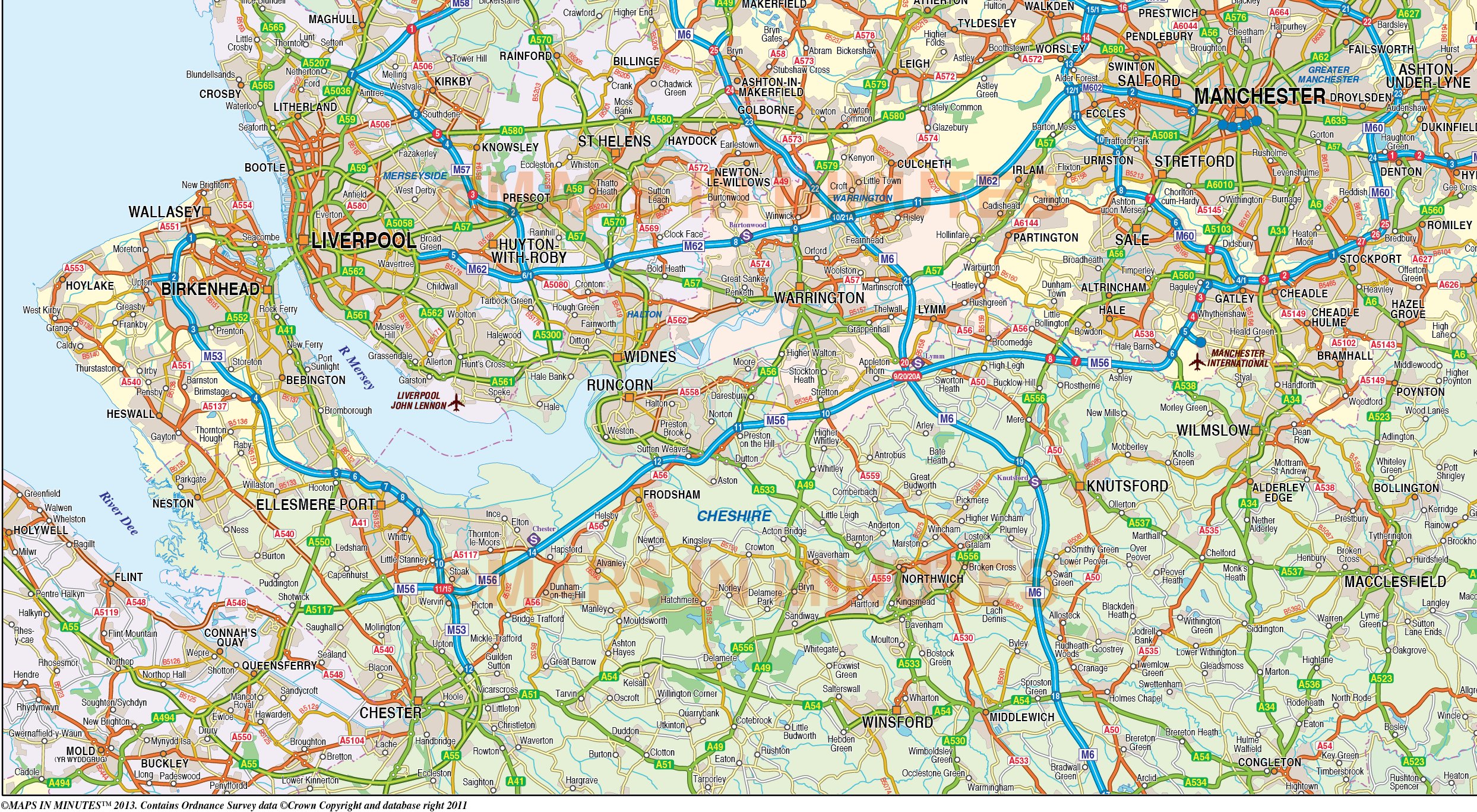 Digital vector map of Greater Liverpool-Manchester @250k scale in