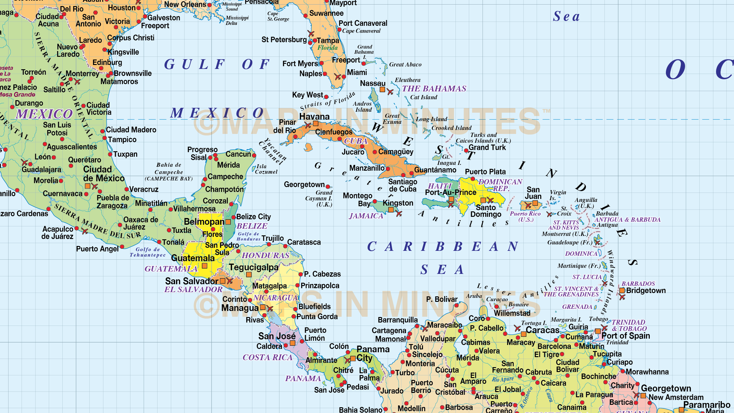 North America Country map with sea contours @10,000,000 scale