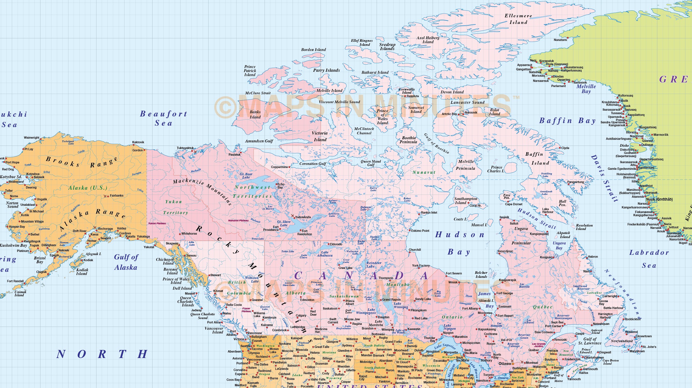 North America Country map with sea contours @10,000,000 scale