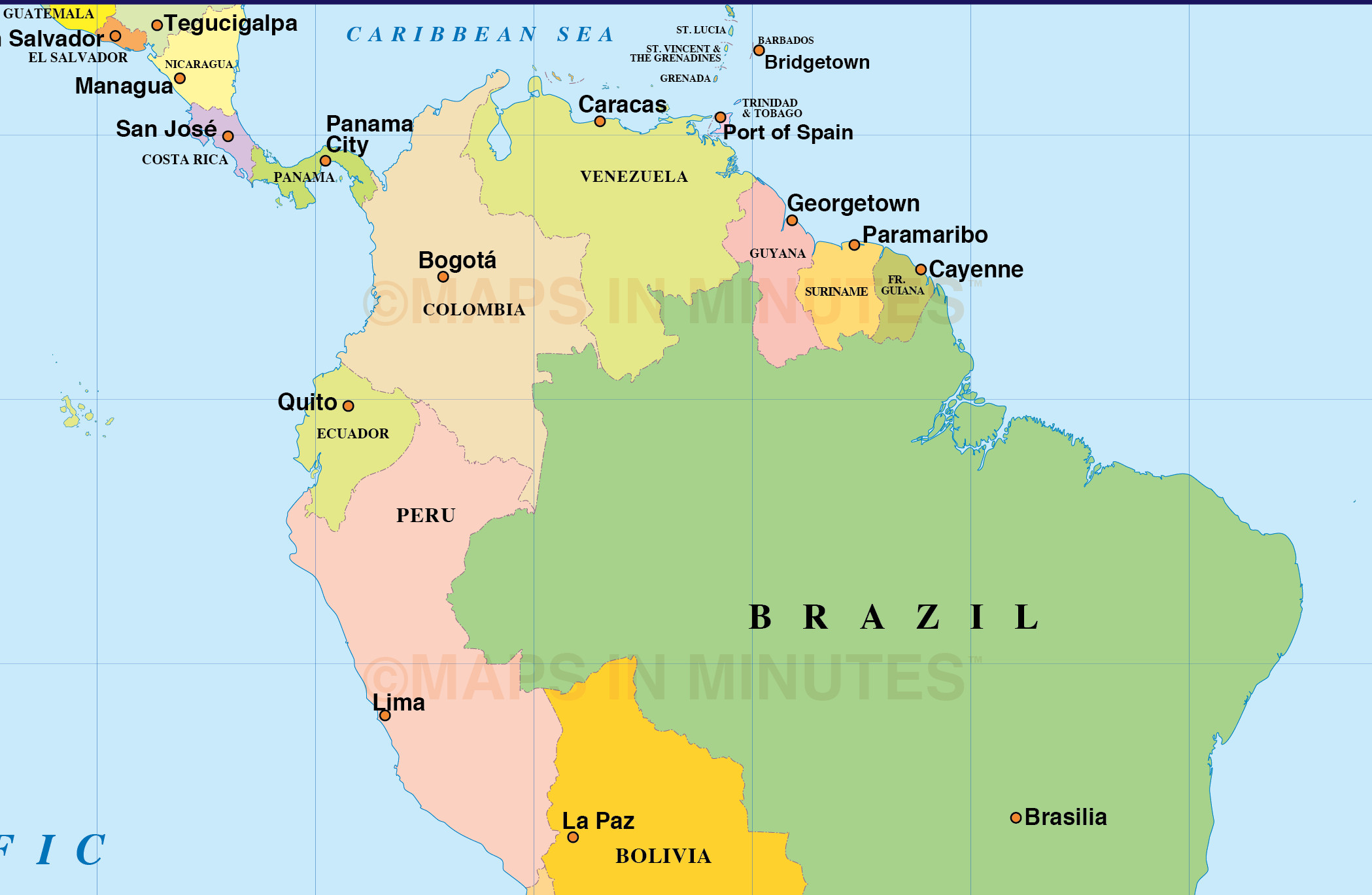 Digital Vector South American Countries Map In Illustrator And PDF Formats